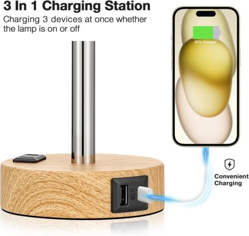 Bedside Table Lamp for Bedroom - 3 Way Dimmable Touch Lamp USB C Charging Ports and AC Outlet, Small Lamp Wood Base Round Flaxen Fabric Shade for Living Room, Desk, LED Bulb Included - Image 4