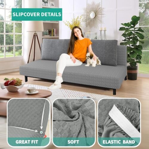 YEMYHOM Futon Cover Latest Jacquard Design High Stretch Armless Sofa Bed Slipcover Anti-Slip Furniture Protector with Elastic Bottom (Futon, Light Gray) - Image 4
