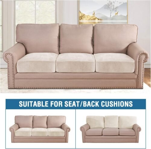 H.VERSAILTEX Velvet Stretch Couch Cushion Cover Plush Cushion Slipcover for Chair Loveseat Sofa Cushion Furniture Protector Seat Cushion Sofa Cover (3 Piece Sofa Cushion Covers, Ivory) - Image 4