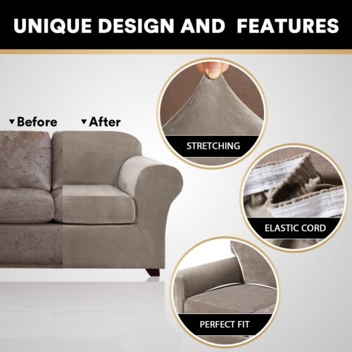 PrinceDeco Velvet Couch Cover Loveseat Covers for 2 Cushion Couch 3 Piece Sofa Covers for Dogs Washable Loveseat Covers Width Up to 72 Inch No Slip Stretch Sofa Slipcover(Medium, Taupe) - Image 5