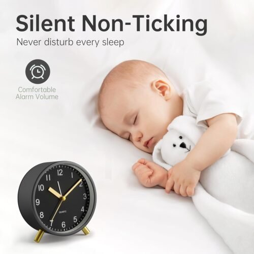 Analog Alarm Clock, 4 inch Super Silent Non Ticking Small Clock with Night Light, Battery Operated, Simple Design, easy setting for Office, Bedroom, Bedside, Desk, teens, elders, kids, adult, Black - Image 3