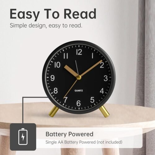 Analog Alarm Clock, 4 inch Super Silent Non Ticking Small Clock with Night Light, Battery Operated, Simple Design, easy setting for Office, Bedroom, Bedside, Desk, teens, elders, kids, adult, Black - Image 4