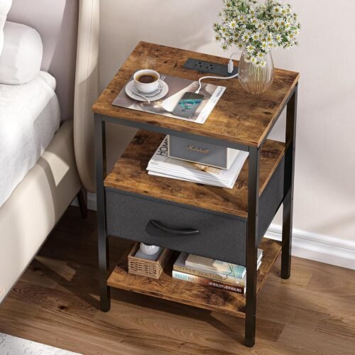SUPERJARE Nightstand with Charging Station, Bed Side Table with Adjustable Fabric Drawer, Night Stand for Bedroom, 3-Tier Storage End Table, for Living Room, Rustic Brown and Black - Image 3