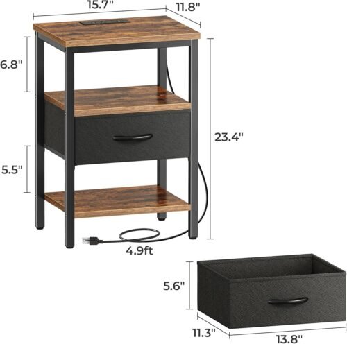 SUPERJARE Nightstand with Charging Station, Bed Side Table with Adjustable Fabric Drawer, Night Stand for Bedroom, 3-Tier Storage End Table, for Living Room, Rustic Brown and Black - Image 4