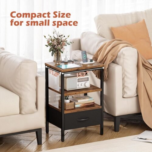 SUPERJARE Nightstand with Charging Station, Bed Side Table with Adjustable Fabric Drawer, Night Stand for Bedroom, 3-Tier Storage End Table, for Living Room, Rustic Brown and Black - Image 8
