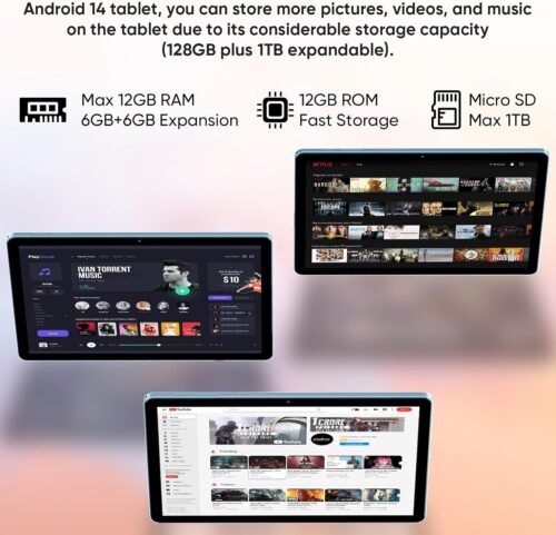 Android 14 Tablet, 2025 Upgraded 11 inch Android Tablets,12GB+128GB+1TB Expand, Support Face Unlock+18W Fast Charging, Octa-Core CPU,Dual WiFi6, Dual Camera,8000mAh Battery, Tablet with Keyboard - Image 3