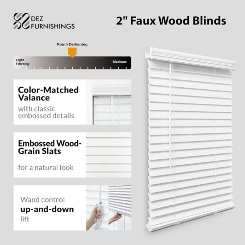 DEZ FURNISHINGS Cordless 2" Faux Wood Blind, 70" W x 72" H, White - Image 3
