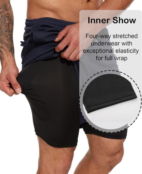 4 Pack Mens 2 in 1 Running Workout Shorts with Liner, Gym Athletic Quick Dry Sport Shorts with Pockets - Image 4