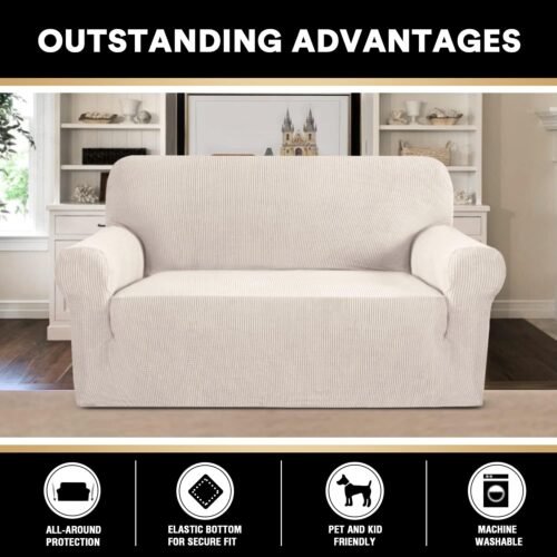 PrinceDeco Stretch Loveseat Sofa Cover Slipcover Couch Cover for 2 Cushion Sofa Washable Sofa Cover for Pets Friendly Furniture Protector Covers with Non Slip Bottom(Loveseat, Ivory) - Image 6