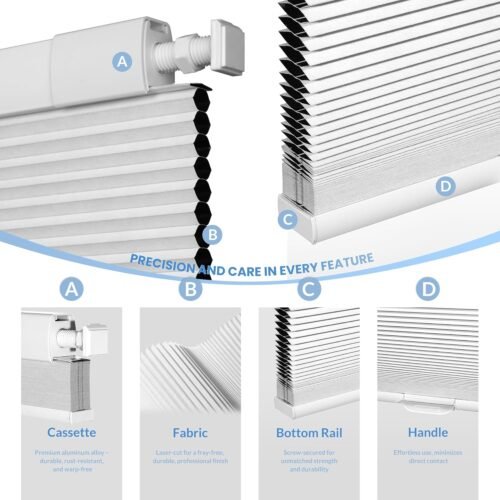 Boolegon No Drill Blinds for Windows Blackout Cellular Shades Cordless No Tools Honeycomb Blinds Pull Down Easy Install for Home and Office, White - Image 7