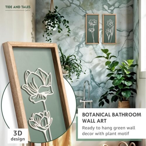 3D Floral Green Wall Art (Set of 2) Lightweight, Wooden Ready-to-Hang Boho Framed Wall Art for Bathroom, Bedroom, Living Room or Office – Premium Sage Green Farmhouse Decor – Gift-Boxed - Image 3