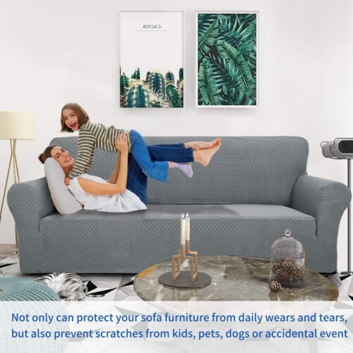 ZNSAYOTX 1 Piece Jacquard Couch Covers for 3 Cushion Couch Living Room High Stretch Sofa Cover Pets Dogs Friendly Anti Slip Thickened Slipcovers Furniture Protector (Sofa, Light Grey) - Image 3