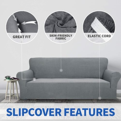 ZNSAYOTX 1 Piece Jacquard Couch Covers for 3 Cushion Couch Living Room High Stretch Sofa Cover Pets Dogs Friendly Anti Slip Thickened Slipcovers Furniture Protector (Sofa, Light Grey) - Image 4