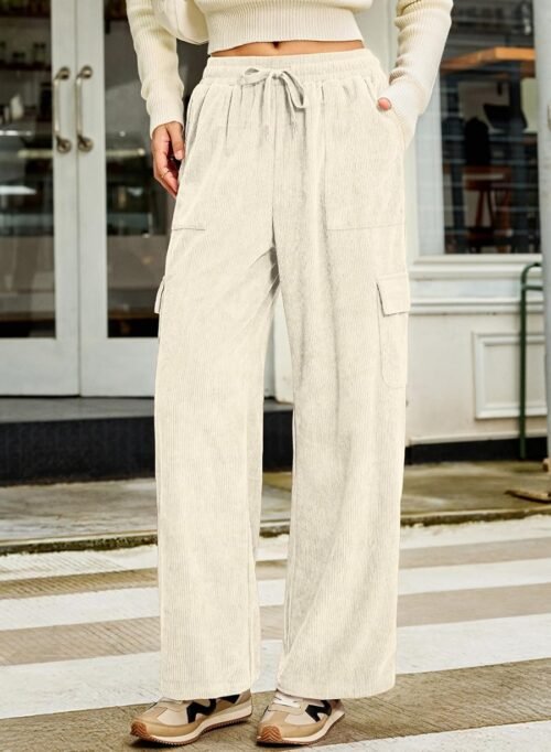 Sidefeel Womens Corduroy Pants Casual High Waisted Elastic Drawstring Cargo Loose Fit Wide Leg Pants with Pockets - Image 3