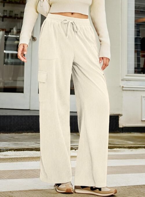 Sidefeel Womens Corduroy Pants Casual High Waisted Elastic Drawstring Cargo Loose Fit Wide Leg Pants with Pockets - Image 4
