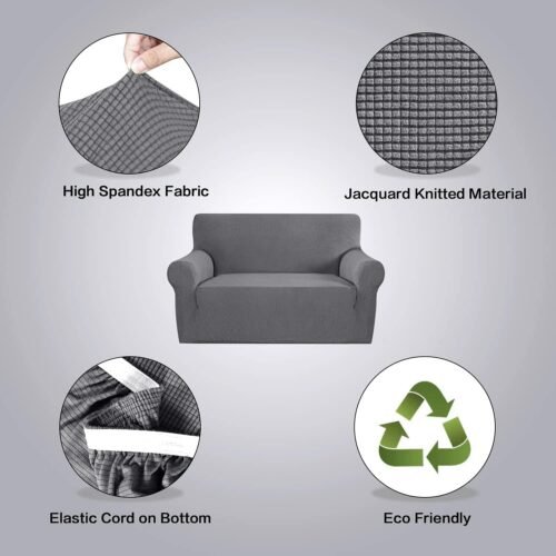 H.VERSAILTEX Stretch Couch Cover Loveseat Covers for 2 Cushion Couch Slipcover|Sofa Cover for Love seat 1 Piece with Elastic Bottom, Checked Jacquard Fabric(Loveseat 58'-70' Wide, Gray) - Image 4