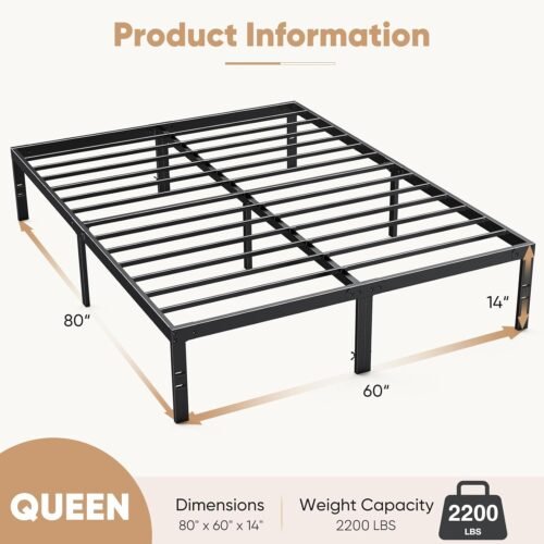 DUMOS Bed Frame - Queen Size Metal Platform Bed Frames Mattress Foundation with Steel Slat Support, No Box Spring Needed, Storage Space Under Base, Easy Assembly, Black - Image 3