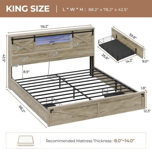 Hasuit Farmhouse Bed Frame King Size with Storage Bookcase Headboard, Wooden King Bed with LED Lights, Charging Station, 2 Drawers, Country Rustic Bed Frame with Sliding Barn Door - Image 3