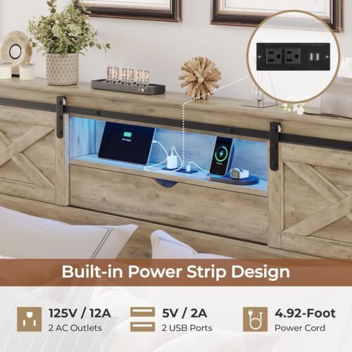 Hasuit Farmhouse Bed Frame King Size with Storage Bookcase Headboard, Wooden King Bed with LED Lights, Charging Station, 2 Drawers, Country Rustic Bed Frame with Sliding Barn Door - Image 5