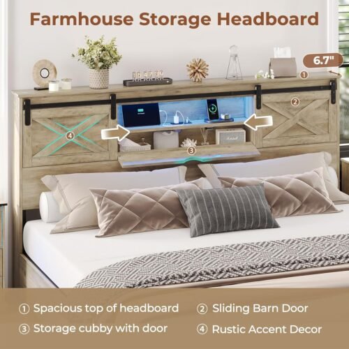 Hasuit Farmhouse Bed Frame King Size with Storage Bookcase Headboard, Wooden King Bed with LED Lights, Charging Station, 2 Drawers, Country Rustic Bed Frame with Sliding Barn Door - Image 6