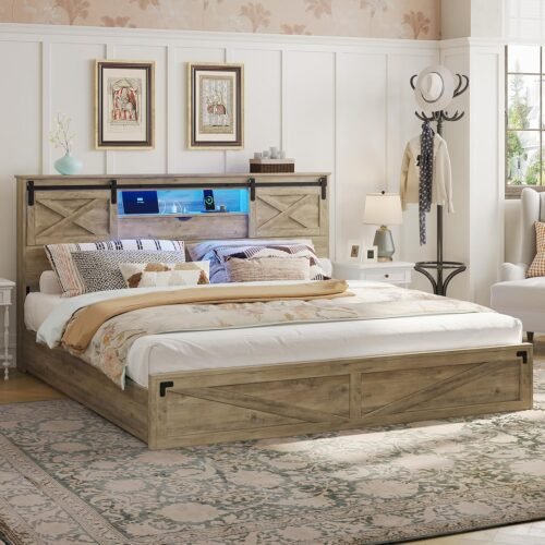 Hasuit Farmhouse Bed Frame King Size with Storage Bookcase Headboard, Wooden King Bed with LED Lights, Charging Station, 2 Drawers, Country Rustic Bed Frame with Sliding Barn Door - Image 9