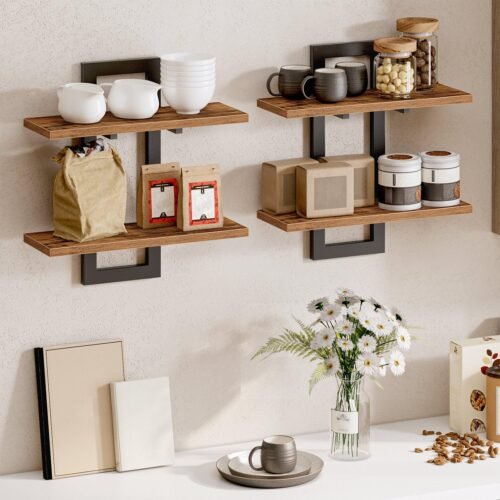 HOOBRO Floating Shelves, 15 Inch Wall Shelf Set of 2, Wall Mounted Storage Shelves 2-Tier, Hanging Bathroom Shelves, for Living Room, Bedroom, Bathroom, Kitchen, Rustic Brown and Black BF32BJ01 - Image 5