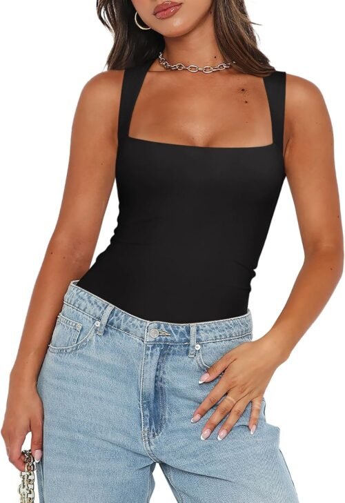REORIA Butsmooth® Women’s Sexy Sleeveless Square Neck Double Lined Basic Bodysuit Tank Tops - Image 3