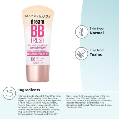 Maybelline Dream Fresh Skin Hydrating BB cream, 8-in-1 Skin Perfecting Beauty Balm with Broad Spectrum SPF 30, Sheer Tint Coverage, Oil-Free, Light/Medium, 1 Fl Oz - Image 10