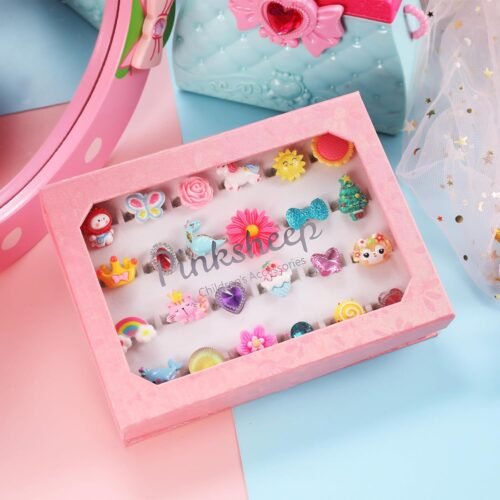 PinkSheep Little Girl Jewel Rings in Box, Adjustable, No Duplication, Girl Pretend Play and Dress Up Rings (24 Lovely Ring) - Image 3