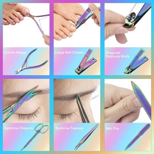 Manicure Set Nail Clippers Pedicure Kit - 12pcs Stainless Steel Nail Kit, Colorful Professional Nail Care Kit Nail Files & Scissors Tools for Hands Foot Facial - Pink - Image 6