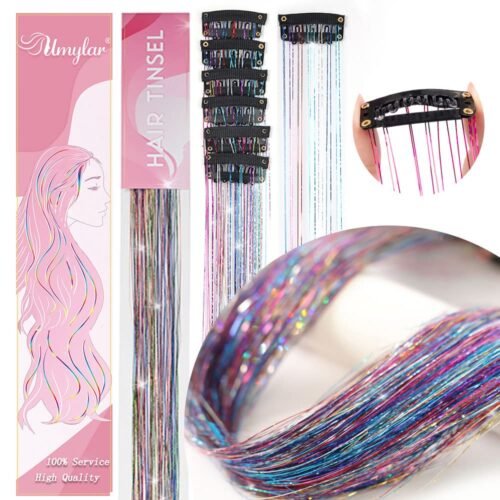 Hair Tinsel Pack of 12 Pcs Colorful Glitter Hair Accessories 20 Inch Clip in Hair Tinsel Extensions Fairy Hair Accessories Party Kit for Women Girls Kids (12Pcs,Colorful#) - Image 3