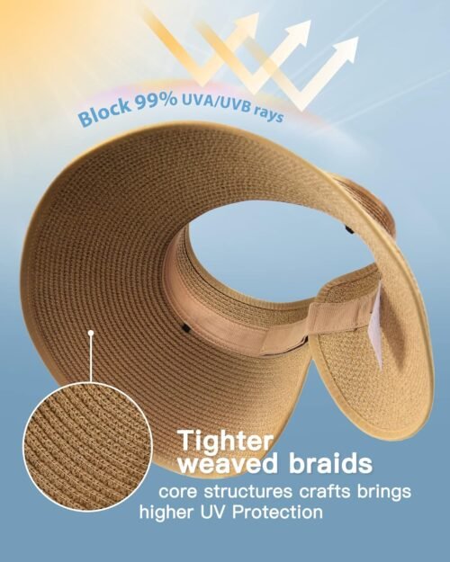 FURTALK Sun Hats for Women Wide Brim Beach Hat Straw Visor Ponytail Summer UV Packable Foldable Beach Vacation Essentials - Image 3