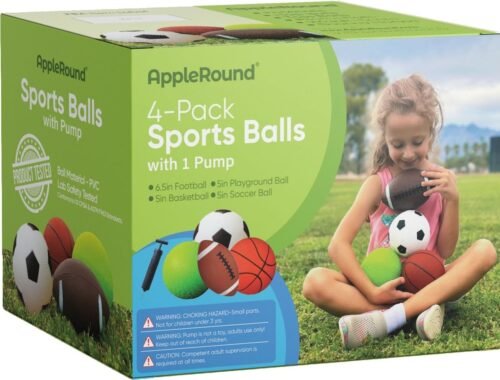 AppleRound 4-Pack Sports Balls for Toddlers & Kids with Pump – 5-Inch Soccer Ball, Basketball, Playground Ball & 6.5-Inch Football – Soft Small Balls for Indoor/Outdoor Play (Ages 2-7) - Image 3