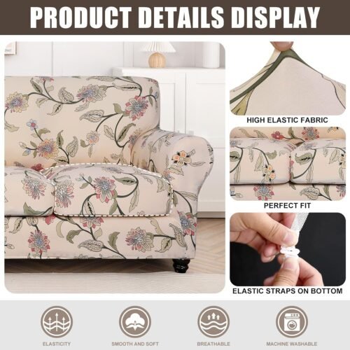 SearchI Stretch Sofa Cover Printed Couch Cover, Floral Pattern 3 Pieces Loveseat Slipcover with 2 Separate Cushion Cover, Washable Furniture Protector for Living Room(Loveseat, Yellow+Flower) - Image 3