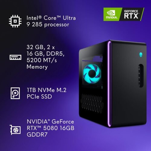 Alienware Aurora Gaming Desktop ACT1250 - Intel Core Ultra 9 285 Processor, Liquid Cooled, NVIDIA GeForce RTX 5080, 32GB DDR5 RAM, 1TB SSD, 1000W Platinum Rated PSU, Win 11 Home - Clear Panel - Image 16
