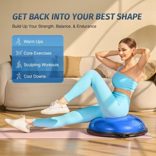 ZELUS 25in. Balance Ball | 660lb Inflatable Half Exercise Ball Wobble Board Balance Trainer w Nonslip Base | Half Yoga Ball Strength Training Equipment w 2 Bands, Pump, Extra Ball Included - Image 3