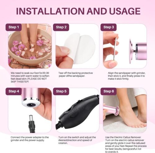 LIONVISON Electric Foot Callus Remover: Adjustable Speed Foot File for Cracked Heels - Working Women's Summer Pedicure Tool with 60pcs Sandpaper Discs - Dead Skin Remover for Dry Feet at-Home - Image 10