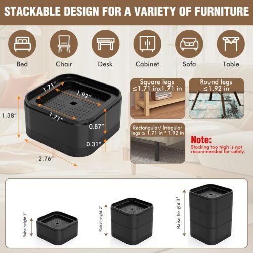8 Pack Furniture Risers Adjustable Bed Risers Heavy Duty Lifts Height 1 or 2 Inch, Square Stackable Bed Risers 1, 2 or 3 Inch for Desk Leg Table Couch Sofa Chair Bed Frame Legs Dorm, Black - Image 3