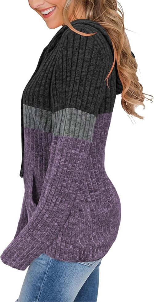 Women’s Color Block Knit Hoodie – Casual Long Sleeve Pullover Sweater Tops with Pocket - Image 3
