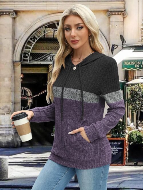 Women’s Color Block Knit Hoodie – Casual Long Sleeve Pullover Sweater Tops with Pocket - Image 7