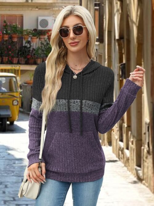 Women’s Color Block Knit Hoodie – Casual Long Sleeve Pullover Sweater Tops with Pocket - Image 8