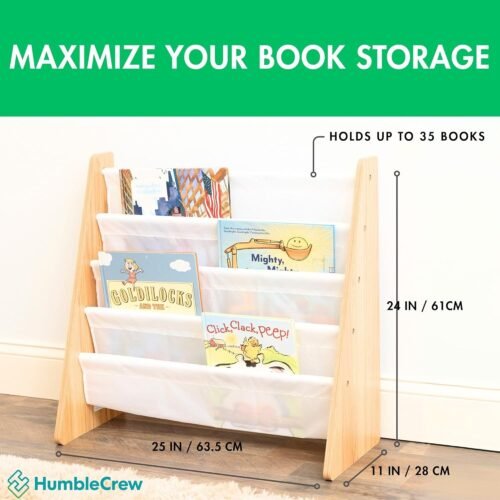 Humble Crew 4-Tier Kids Bookshelf, Natural Wood/White - Premium Book Shelf for Kids Rooms with Four Deep Pockets - Toddler Sling Book Rack with Deep Sleeves, Nursery Bookcase Organizer - Image 4