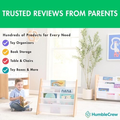 Humble Crew 4-Tier Kids Bookshelf, Natural Wood/White - Premium Book Shelf for Kids Rooms with Four Deep Pockets - Toddler Sling Book Rack with Deep Sleeves, Nursery Bookcase Organizer - Image 8