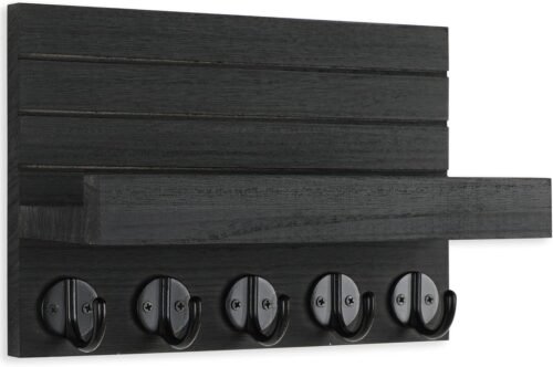Key Holder for Wall, Decorative Key and Mail Holder with Shelf Has Large Hooks for Bags, Coats, Umbrella – Paulownia Wood Key Hanger with Mounting Hardware (9.8”W x 6.7”H x 4.2”D) - Image 3