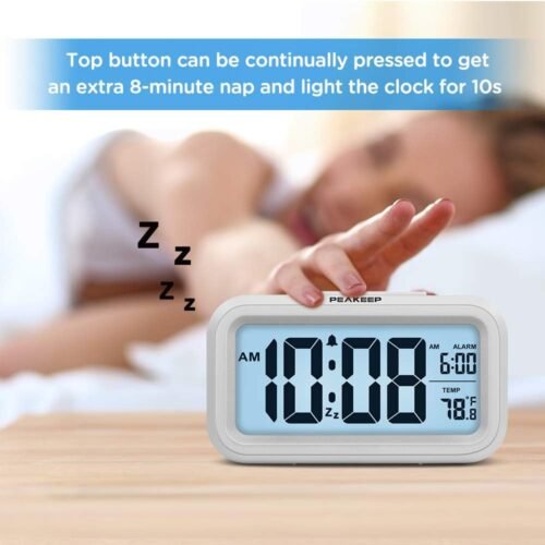Peakeep Night Light Digital Alarm Clock Battery Operated with Indoor Temperature, Desk Small Clock (White) - Image 4