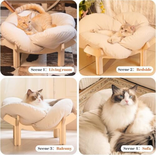 Elevated Cat Bed Wooden with Cushion Fluffy Pet Couch Sofa for Indoor Cats Raised Kitty Lounge Chair Suitable for Puppy, Cat Furniture(White) - Image 10