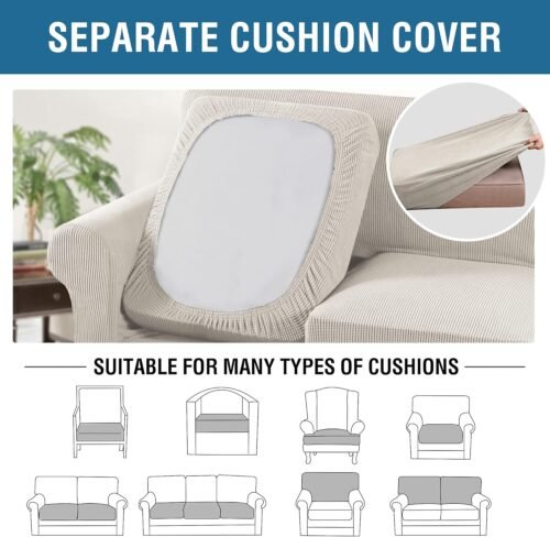 H.VERSAILTEX 4 Piece Stretch Couch Covers for 3 Cushion Couch Sofa Furniture Slipcovers Feature Upgraded Thicker Jacquard Fabric (Sofa, Ivory) - Image 8