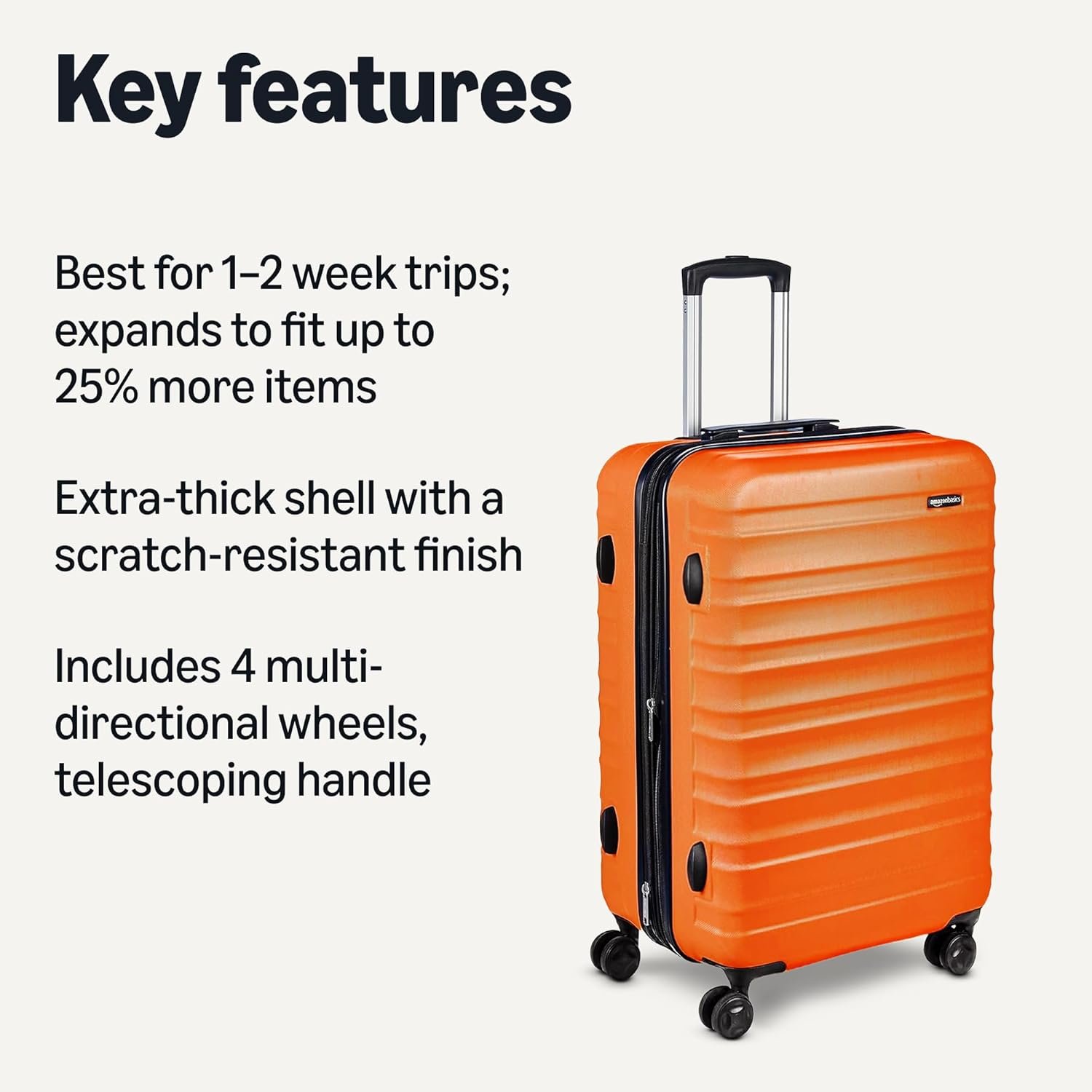 Amazon Basics 26" Hardside Medium Checked Luggage, Hardshell Suitcase With Wheels, Expandable For Up to 15% More Space, With Scratch-Resistant Surface, Four Multi-directional Wheels, Orange - Image 3