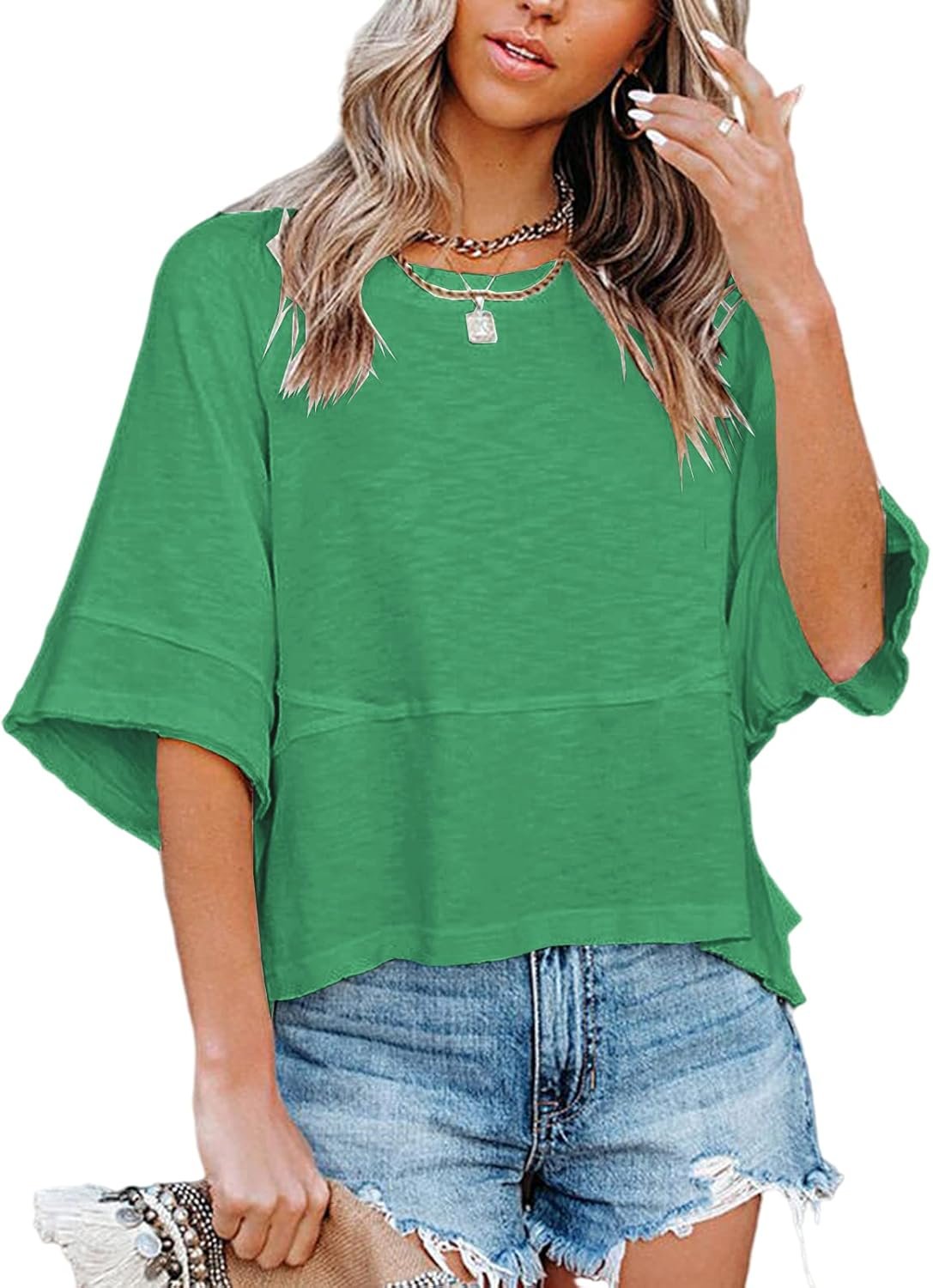 Women's Summer Casual Crewneck Batwing Half Sleeve T-Shirts Solid Color Loose Fit Cute Basic Flowy Tops Tees Blouses - Image 3