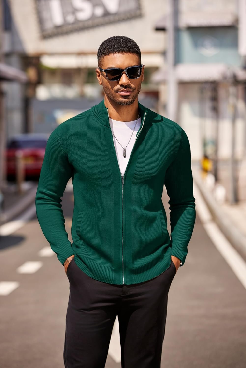 COOFANDY Mens Zip Up Cardigan Sweater Slim Fit Casual Full Zip Sweaters Knit Stand Collar Cardigans with 2 Front Pockets - Image 4